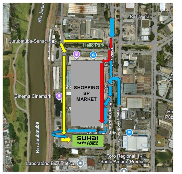 Mapa de satélite com as entradas de estacionamento do Shopping SP Market e Suhai Music Hall